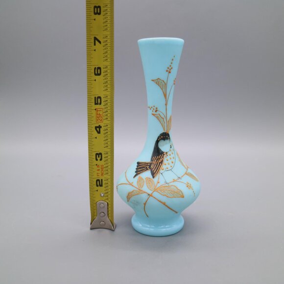 Antique Victorian Blue Bristol Glass Vase with Hand Painted Bird and Floral - Picture 9 of 9
